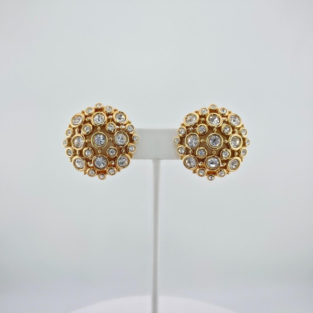 Vtg SWAROVSKI Clip-On Earrings Honey Comb Cluster Crystals Domed Gold Plate - Picture 9 of 11